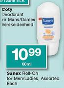 Sanex Roll-on For Men/Ladies-60ml Each