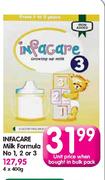 Infacare Milk Formula No.1,2 Or 3-4x400g