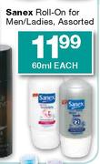 Sanex Roll-On For Men/Ladies Assorted-60ml Each