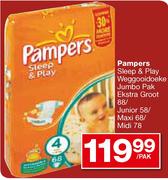 Pampers Sleep & Play Weggooidoeke Jumbo Pak Ekstra Groot-88's/Junior-58's Elk