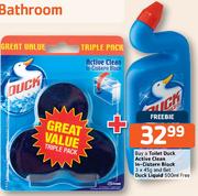 Toilet Duck Active Clean In-Cistern Block-3 x 45g + Free Duck Liquid 500ml 