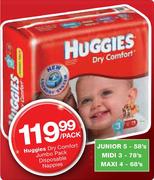 Huggies Dry Comfort Jumbo Pack Disposable Nappies Junior 5-58's/Midi 3-78's/Maxi 4-68's Per Pack