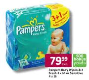 Pampers Baby Wipes 3+1 Fresh 4 x 64 or Sensitive 4 x 56-Each
