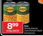 Koo Whole Kernel Corn/Cream Style Sweetcorn-410g Each