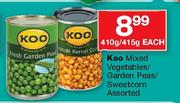 Koo Mixed Vegetables/Garden Peas/Sweetcorn Assorted-410g/415g Each
