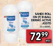 Sanex Roll On (F) B/Ball Dermo Active-6x60ml