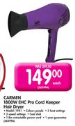 Carmen 1800W EHC Pro Cord Keeper Hair Dryer 1941