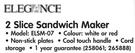 Elegance 2 Slice Sandwich Maker ELSM-07