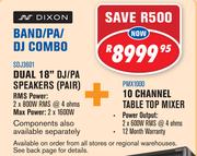 Dixon Dual 18" DJ/PA Speakers Pair SDJ3601 + 10 Channel Table Top Mixer
