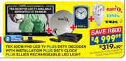 TEK 82cm FHD LED TV Plus DSTV Decoder With Installation Plus DSTV Clock Plus Ellies Rechargeable LED