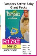 Pampers Active Baby Giant Packs Junior-68's/Maxi Plus-74's Single Pack 