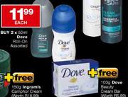 Dove Roll-On Assorted-2 x 50ml + Free Dove Beauty Cream Bar-100g
