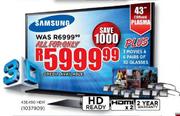 Samsung 43" (109cm) Plasma (43E490 HDR) + 3 Movies + 6 Pairs of 3D Glasses