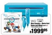 Wii Blue Console + Mario Kart Game and Wheel 