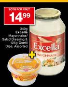 Excella Mayonnaise-340g/Salad Dressing-125g & Conti Dips ASsorted 