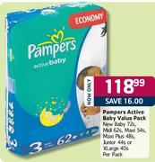 Pampers Active Baby Value Pack New Baby-72's/Midi-62's/Maxi-54's Per Pack