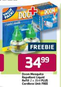 Doom Mosquito Repellant Liquid Refill-2x35ml Plus Cordless Unit Free