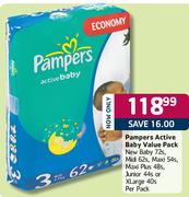 Pampers Active Baby Value Pack Maxi Plus-48's/Junior-44's/Or Xlarge-40's Per Pack