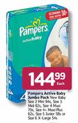 Pampers Active Baby Jumbo Pack New Baby Size 2 Mini-94's/Size 3 Midi-82's/Size 4 Maxi-70's Each