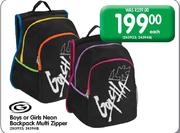 G Boys Or Girls Neon Backpack Multi Zipper-Each
