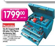 Thakita 14.4V Impact Drill Kit Plus 116 Piece Accessory Set-Per Set