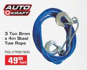 Auto Kraft 3 Ton 8mmx4m Steel Tow Rope Each
