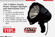 Auto Craft 12V 3 Million Candle Power Halogen Spotlight With Refractable Cord Each