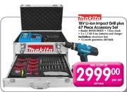 Makita 18V-Li-ion Impact Drill plus 67 Piece Assessory Set(BHP453RHEX)-Per Set