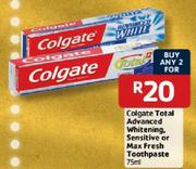 Colgate Total Advanced Whitening, Sensitive or Max Fresh Toothpaste-2 x 75ml