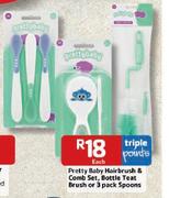Pretty Baby Hairbrush & Combi Set, Bottle Teat Brush Or 3 Pack Spoons Each