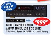 Dixon Stereo Amplifier With AM/FM Tuner, USB & SD Slots AV2211
