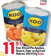 Koo Sliced Pie Apples, Guava, Pear or Apricot Halves-385/410gm Each