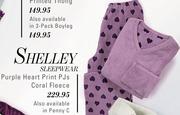 Shelley Sleepwear Purple Heart Print PJs Coral Fleece