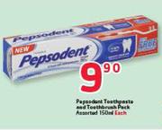 Pepsodent Toothpaste And Toothbrush Pack Assorted -150ml Each