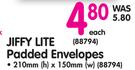 Jiffy Lite Padded Envelopes 210mm x 150mm- Each
