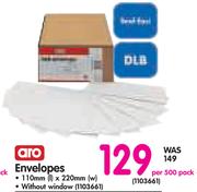 Aro White Envelopes 110mm x 220mm Without Window- Per 500 Pack 