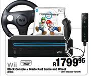 Wii Black Console + Marlo Kart Game And Wheel