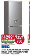 KIC Bottom Freezer Metallic Fridge with Water Dispenser-346Ltr