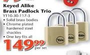 Yale Keyed Alike Brass Padlock Trio - Each