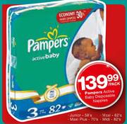 Pampers Active Baby Disposable Nappies Junior-58's/Maxi-62's/Maxi Plus-70's/Midi-82's Per Pack