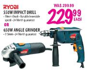Ryobi 550W Impact Drill or 650W Angle Grinder-Each