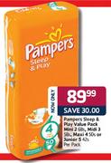 Pampers Sleep & Play Value Pack Mini 2-68's, Midi 3-58's, Maxi 4-50's or Junior 5-42's-Per Pack