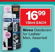 Nivea Deodorant For Ladies/Men Assorted-150ml Each