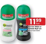 Garnier Male Or Female Roll-On-50ml Each