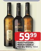 Monis Full Cream,Medium Cream Or Pale Dry Sherry-750ml Each