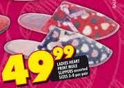 Ladies Heart Print Mule Slippers Assorted Sizes 3-8-Per Pair