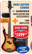 Sanchez Bass Guitar & Accessories BP34 + 15W Amplifier 