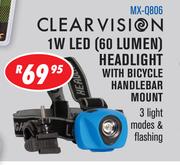 Clearvision 1W LED 60 Lumen Headlight With Bicycle Handle Bar Mount MX-Q806