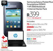Samsung GalaxyPocket Plus SmartphoneS5301+HP 2000 Notebook+InternetStarterPack-On Smart S