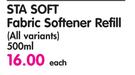 STA Soft Fabric Softener Refill(All Variants)-500Ml Each